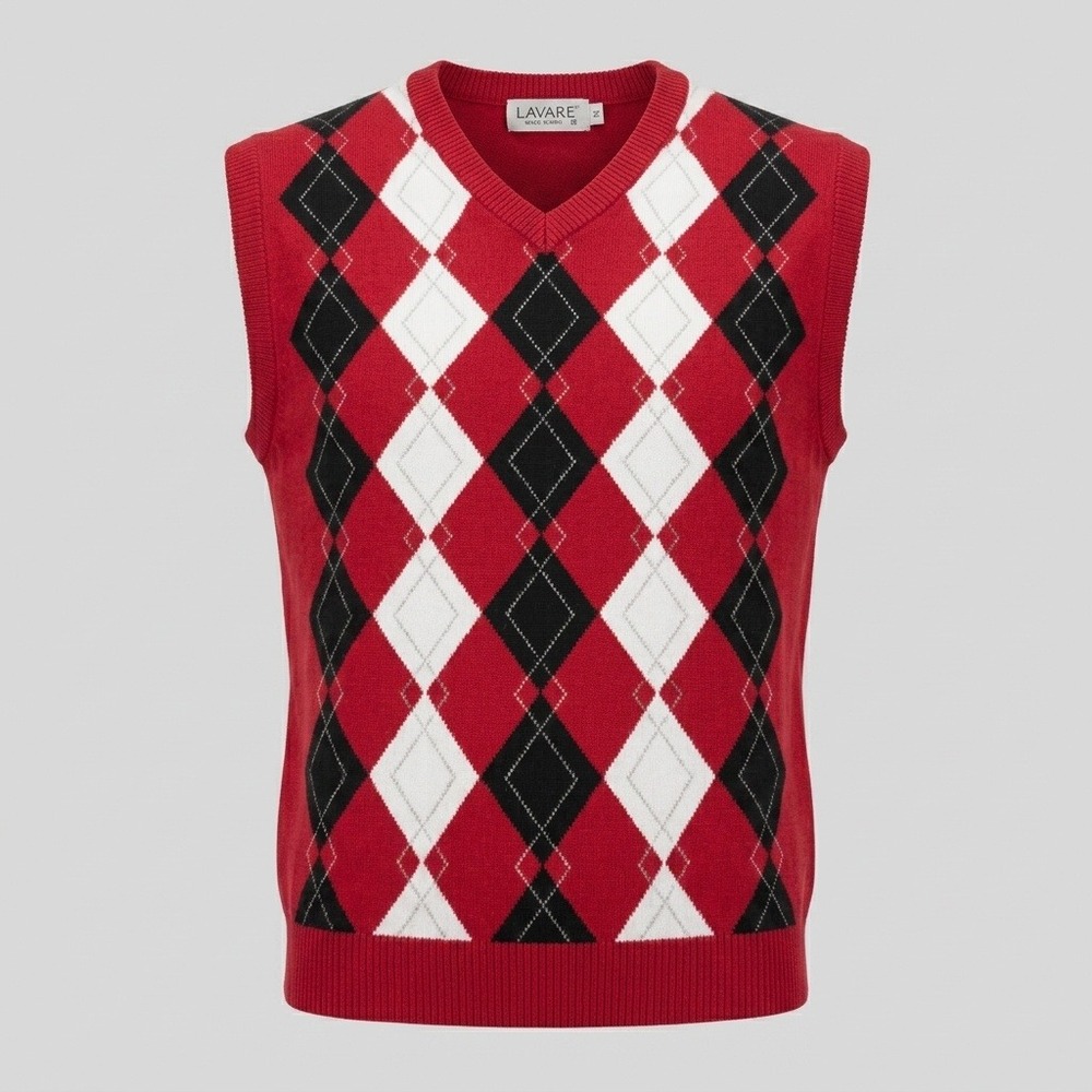 Lavane Mens XL Red Argyle Sweater Vest V-Neck Cotton Silk Blend Sleeveless